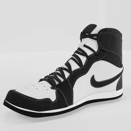 Highly detailed 3D model of a basketball shoe, black with white accents, suitable for Blender rendering and animation.