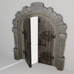 Low-poly 3D Blender model of an open medieval double door with stone arch and PBR textures suitable for castles and churches.