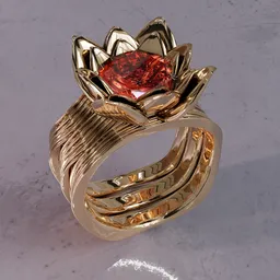 Gold 3D rendered ring with intricate design and sparkling red gemstone optimized for Blender.