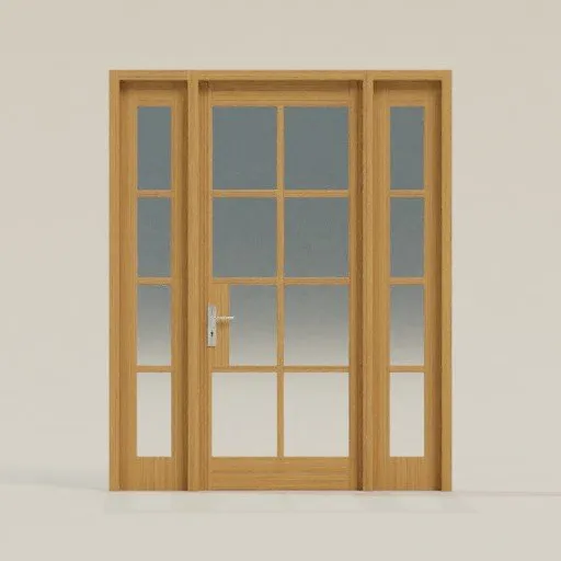 Detailed wooden 3D model door with glass panels for Blender rendering and architectural visualization.