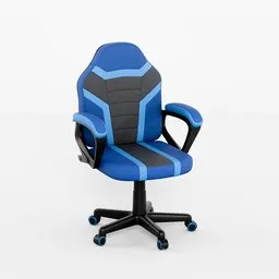 Detailed 3D rendering of a modern, ergonomic blue and black gaming chair, compatible with Blender.