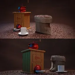 Detailed 3D vintage coffee maker set with cup, designed for Blender with realistic textures and particle system.