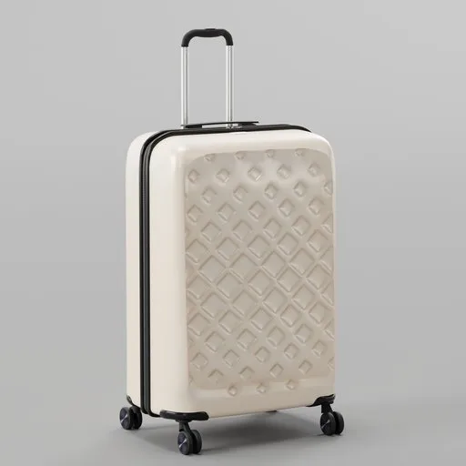 High-quality 3D model of a yellow-patterned wheeled suitcase, ideal for Blender 3D visualization projects.
