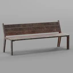 "3D model of a metal street bench with a wooden seat and gray background, ideal for Blender 3D. This highly detailed bench features a sturdy metal frame and a rusted bronze texture, perfect for adding realism to virtual street scenes and game environments. Inspired by Wilhelm Leibl, this bench is a great choice for decorating your virtual cityscapes."