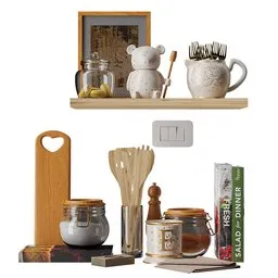 Detailed 3D model featuring cooking utensils, jars, and a wooden cutting board, designed in Blender with a 2K texture.