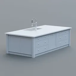 Detailed 3D render of a modern kitchen island with built-in sink and faucet, showcasing storage solutions.