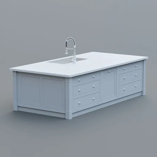 Detailed 3D render of a modern kitchen island with built-in sink and faucet, showcasing storage solutions.