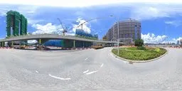 360-degree urban HDR image featuring construction site with cranes and clear skies for realistic lighting setups.