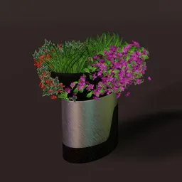 Detailed 3D model showcasing a brushed metal planter with a variety of lush greenery and colorful flowers, designed in Blender.