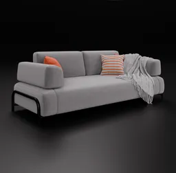 Detailed Blender 3D model of a fabric customizable contemporary sofa with pillows and a throw blanket.