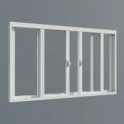 Detailed 3D render of a white four-panel sliding window with a visible lock mechanism, suitable for use in Blender.