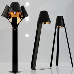 "Floor lamp 3D model inspired by buckets, with a sleek black ABS exterior and a shining gold finish inside. Created in Blender 3D by Ernest Khalimov, featuring large triangular shapes and refined detailing. Perfect for futuristic and luxury interior design projects."