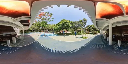 Bright park scene with iron gym structure for 3D scene lighting, clear blue sky, and vibrant greenery.
