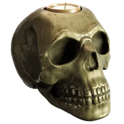 Stylized 3D printed skull with metallic texture and integrated candle holder for atmospheric Blender rendering.