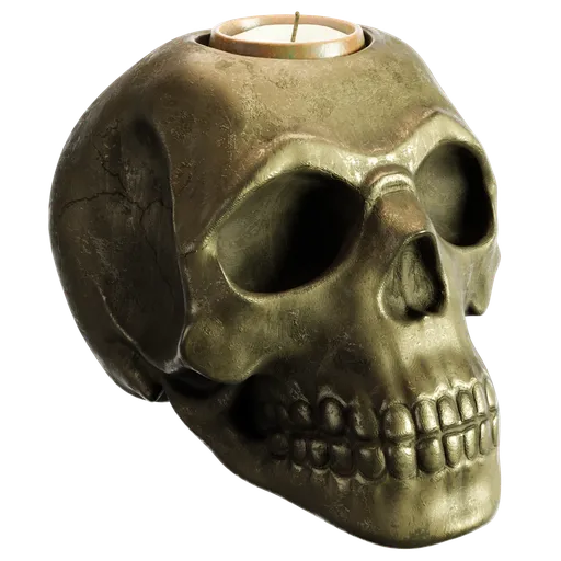 Stylized 3D printed skull with metallic texture and integrated candle holder for atmospheric Blender rendering.