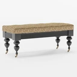 Detailed 3D model of a stylish bench with cheetah print upholstery and elegant turned legs, suitable for Blender renderings.