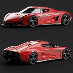 Highly detailed red 3D model of a Koenigsegg Regera supercar, showcasing front and rear views, suitable for Blender renders.