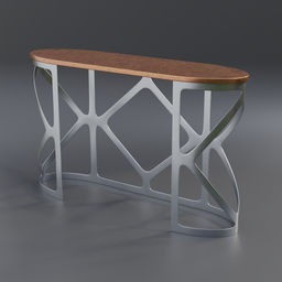 "Decorative table with wooden top and metal legs for Blender 3D software. Featuring filigree border and curving geometric arches inspired by Matthias Stom. Ideal for offices, halls, and gathering rooms."