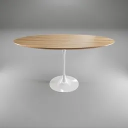 High-quality Blender 3D model of Saarinen-inspired wooden top table with sculpted pedestal base on a gray backdrop.