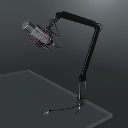"A stylized 3D render of a microphone on a high rise stand, available for use in Blender 3D. Armature control and cable and connector placement are customizable with emplties. Perfect for audio equipment or thievery designs with West Slav features."