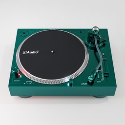 "Dark teal metallic turntable with microphone and record player. This 3D model for Blender 3D features an emerald color palette, inspired by Kuroda Seiki and made in 2019. Ideal for audio enthusiasts and artists looking for avant-garde designs."