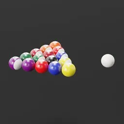 Detailed 3D billiard balls arranged in triangle formation for Blender graphics and animation.