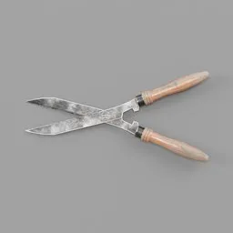 Detailed low poly 3D model of shears with textured blades and wooden handles, perfect for Blender projects.