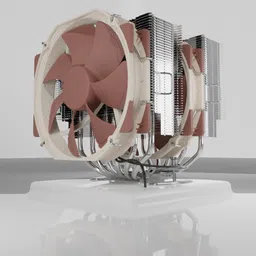 Detailed 3D render of a Noctua NH-D15 CPU cooler with AM4 mount, animated fans in Blender.