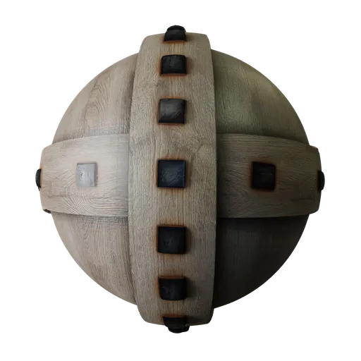 2K PBR wood material with iron studs for 3D modeling and rendering, ideal for Blender and compatible apps.