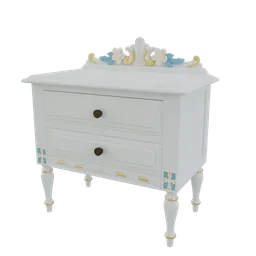 Detailed 3D model of a white ornate nightstand with drawers, ideal for interior design in Blender.