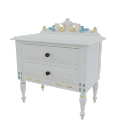 Detailed 3D model of a white ornate nightstand with drawers, ideal for interior design in Blender.