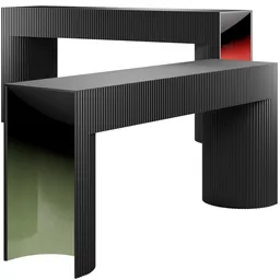 Modern textured 3D console table model in black with red and green accents for Blender rendering.