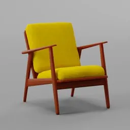 High-quality yellow upholstered 3D armchair with wooden frame, modern design, rendered in Blender.