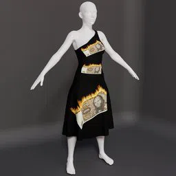 3D-rendered female mannequin wearing a unique dress adorned with burning currency, designed in Blender 3D.