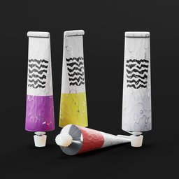 Alt text: "Procedurally textured tube of oil paint in various colors, created with Blender 3D software. Perfect for adding detail to stationery 3D models."