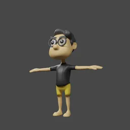 Stylized Blender 3D low poly male character with curly hair, glasses, and casual outfit, ideal for animation and gaming.