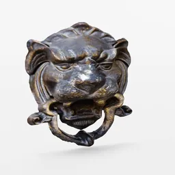 Detailed 3D Blender model of an antique lion face door knocker, textured for realistic metal appearance.