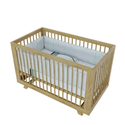 Detailed 3D model of a wooden baby crib with soft bedding, perfect for Blender rendering.