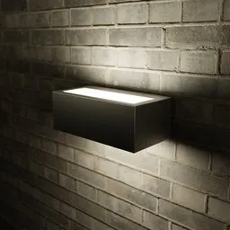 Detailed 3D model of an outdoor wall-mounted lamp illuminating a brick surface, compatible with Blender for realistic rendering.