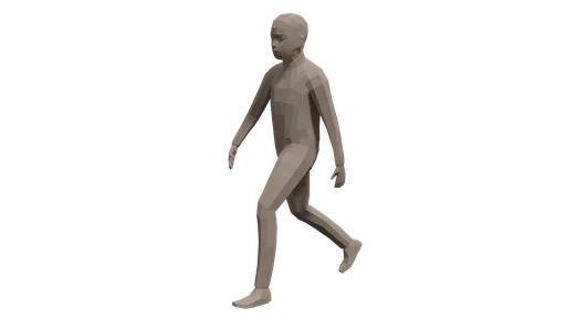 3D Blender model of a stylized low poly child mid-walk, crafted with quads for CG visualization.