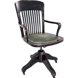 "Vintage-style wooden desk chair with a green seat and black base, reminiscent of John Trumbull's colonial design. This 3D model, created in Blender 3D, captures the essence of mid-1900s office furniture. Perfect for professional studio shots, courtroom scenes, or historical-inspired projects."