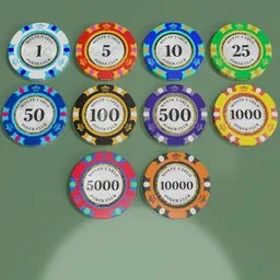 "Monte Carlo Poker Club tokens - 3 colored version with gold elements. Blender 3D model for game UI asset design, featuring close-up view of poker chips on table. Perfect for Medibang and lapel designs."