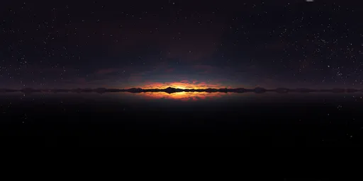 Starry night sky HDR with glowing sunset over mountainous landscape for 3D lighting.