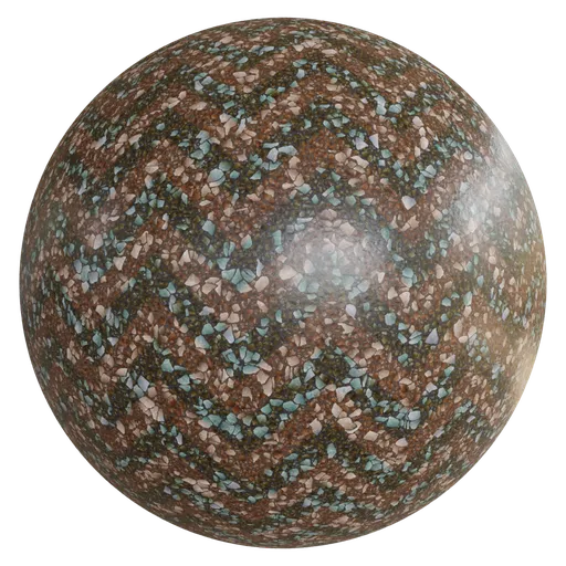 High-resolution PBR terrazzo material for 3D Blender, featuring brown, zigzag patterns ideal for realistic floor texturing in 4K quality.
