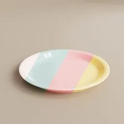"Multi-colored ceramic plate with hyperpop aesthetics for Blender 3D. Procedural materials offer color variation when duplicating object. Official product image from retaildesignblog.net."