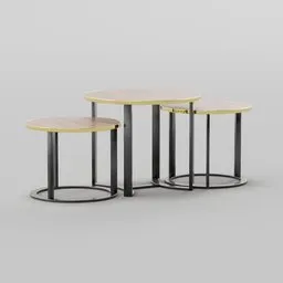 Three-piece Blender 3D model coffee table set with wood grain tops, gold accents, and black tripod bases.