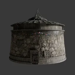 Weathered Tibetan House with Prayer Flag