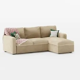 Highly detailed 3D model of a beige L-shaped sectional sofa with cushions, compatible with Blender rendering.