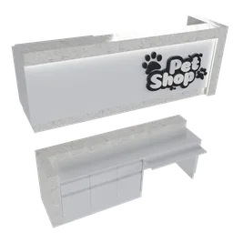 "3D model of a PetShop Cashier for Blender 3D software. Featuring a white counter with a dog shop sign and metalic parts, this model includes 3D pets and a merchant stand. Perfect for adding a shopping-retail element to your 3D scenes."