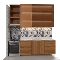 Realistic Blender 3D tropical kitchen set model featuring wooden cabinets, stove, and modern patterned backsplash.